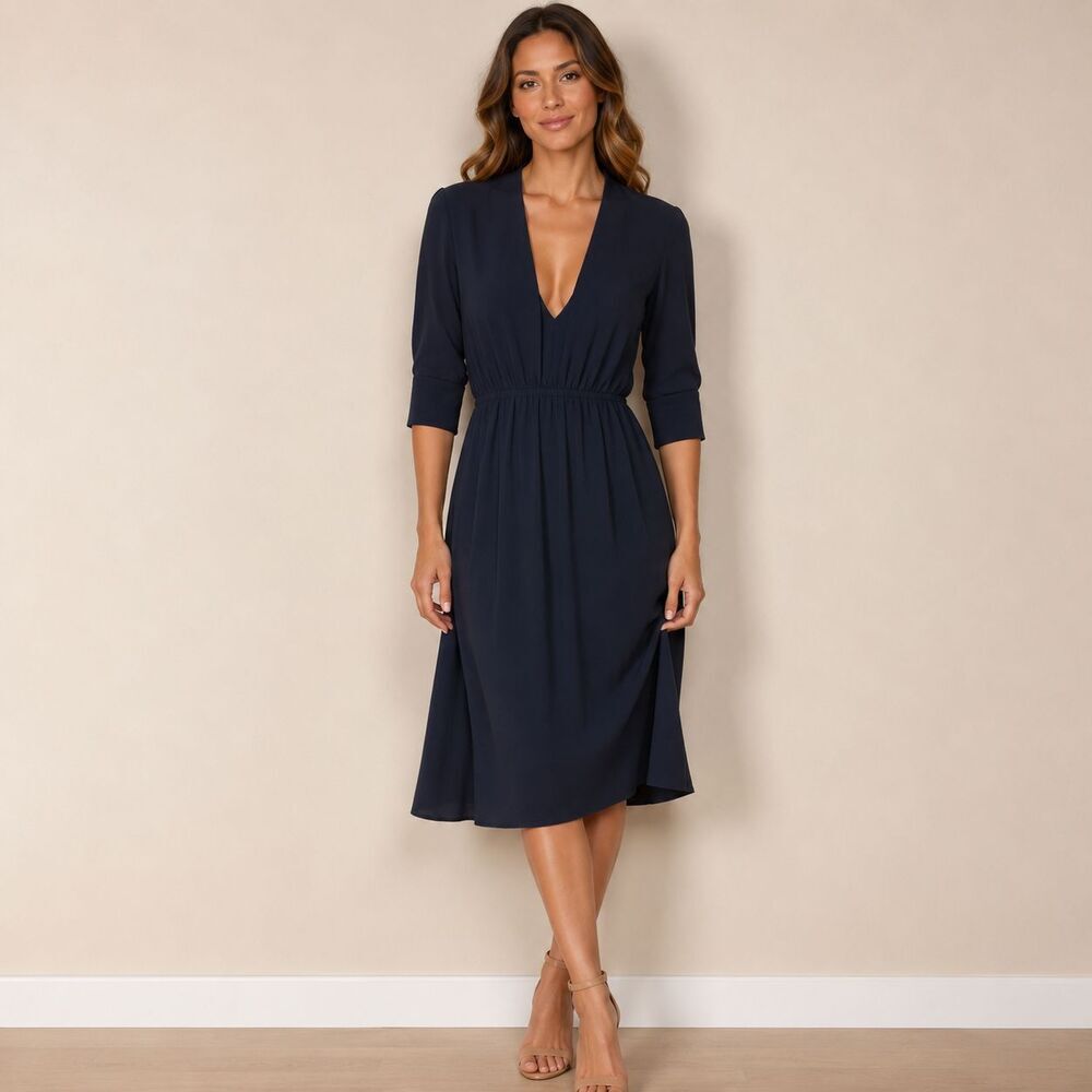 Stella McCartney Navy Blue Dress IT 40 S Plunging V Neck Gathered Waist Hungary
